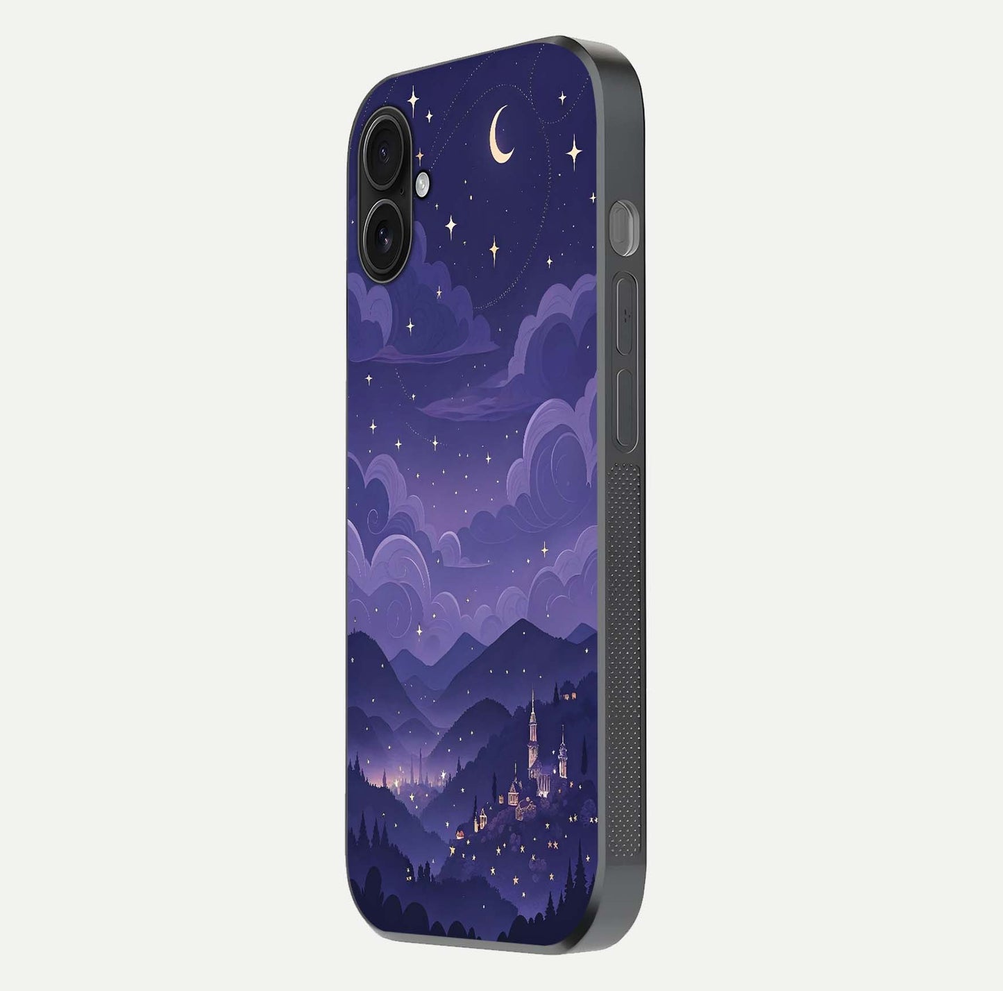 Minimal Night View Glass Case for iPhone 16 Plus side-angle image showing subtle reflection and urban design