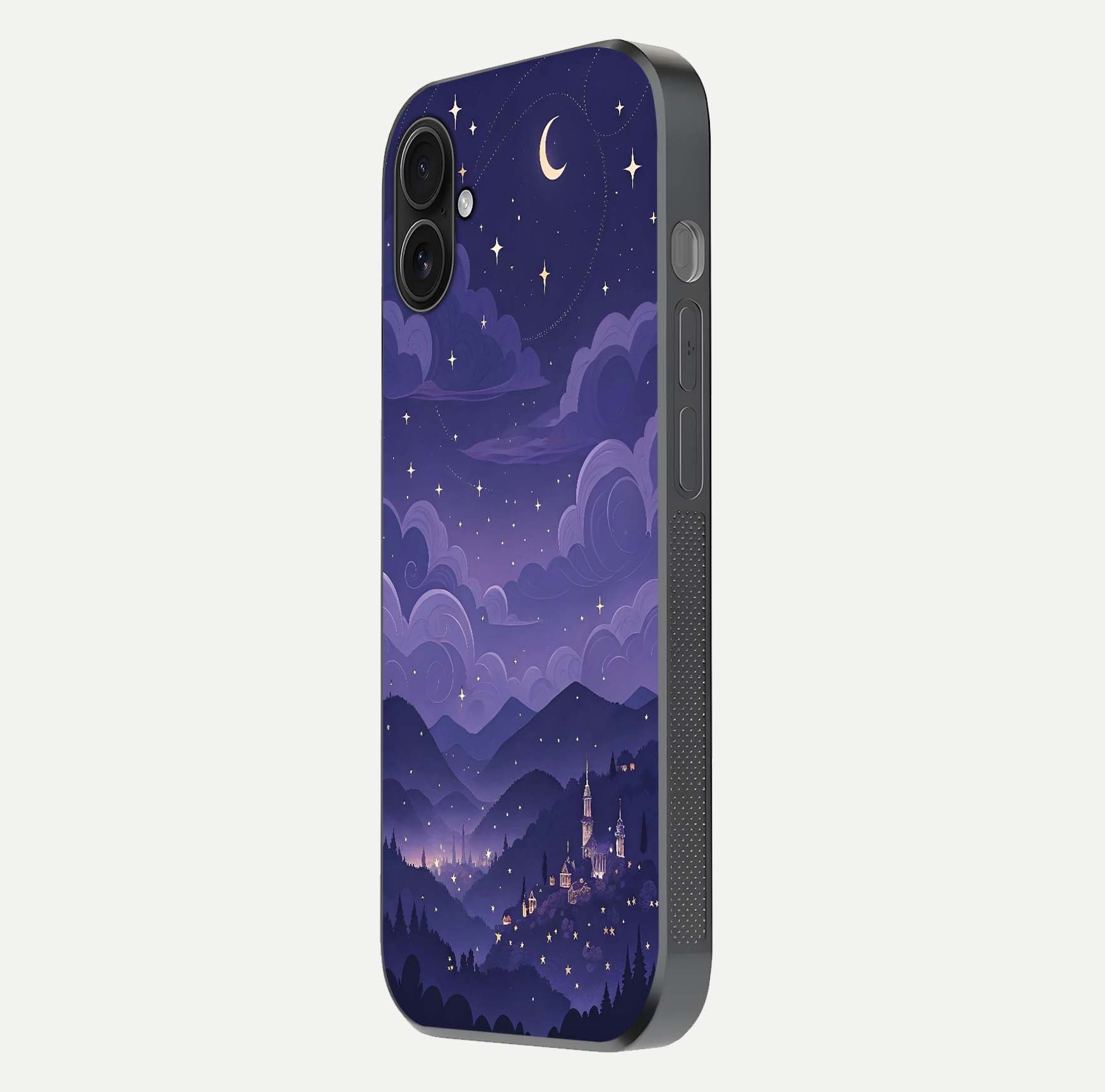 Minimal Night View Glass Case for iPhone 16 Plus side-angle image showing subtle reflection and urban design