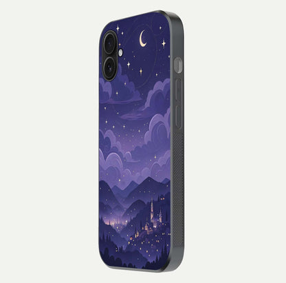 Minimal Night View Glass Case for iPhone 16 Plus side-angle image showing subtle reflection and urban design