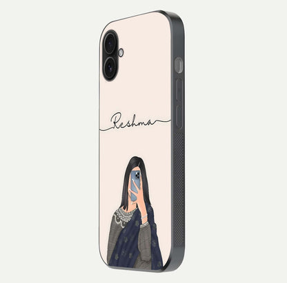 Mirror Mood Muse Custom Name Glass Case for iPhone 16 Plus side-angle image emphasizing glossy mirror texture