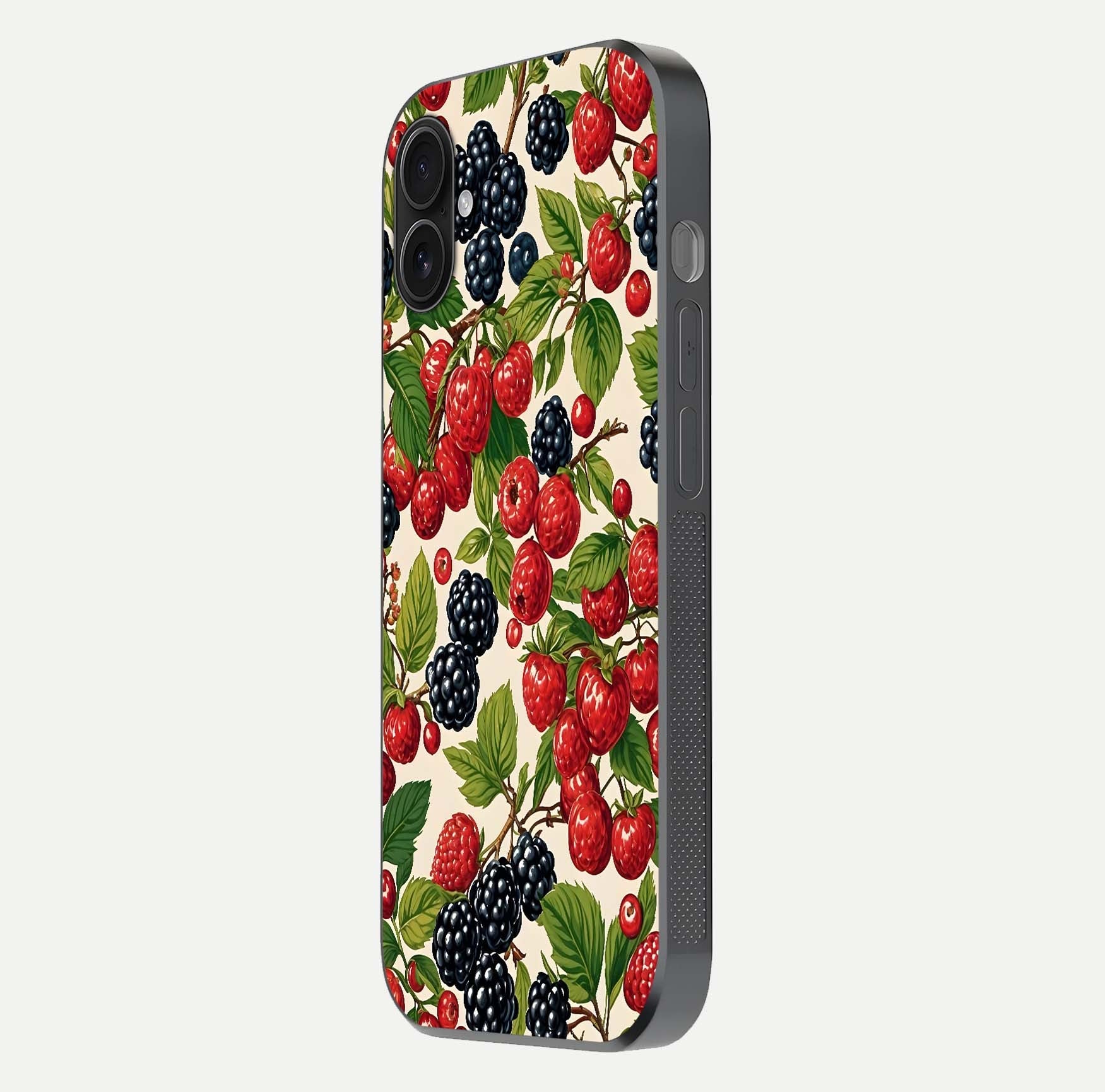 Mixed Berry Collage Glass Case for iPhone 16 Plus side-angle image showing reflection and HD fruit texture