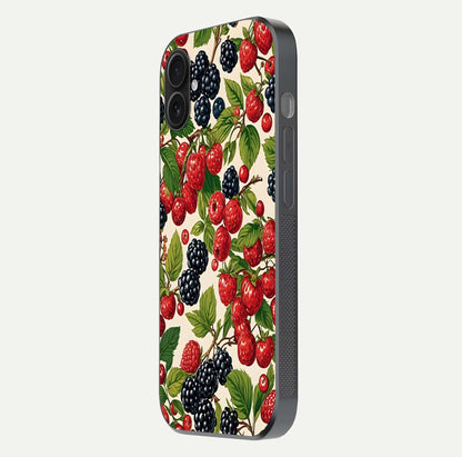 Mixed Berry Collage Glass Case for iPhone 16 Plus side-angle image showing reflection and HD fruit texture