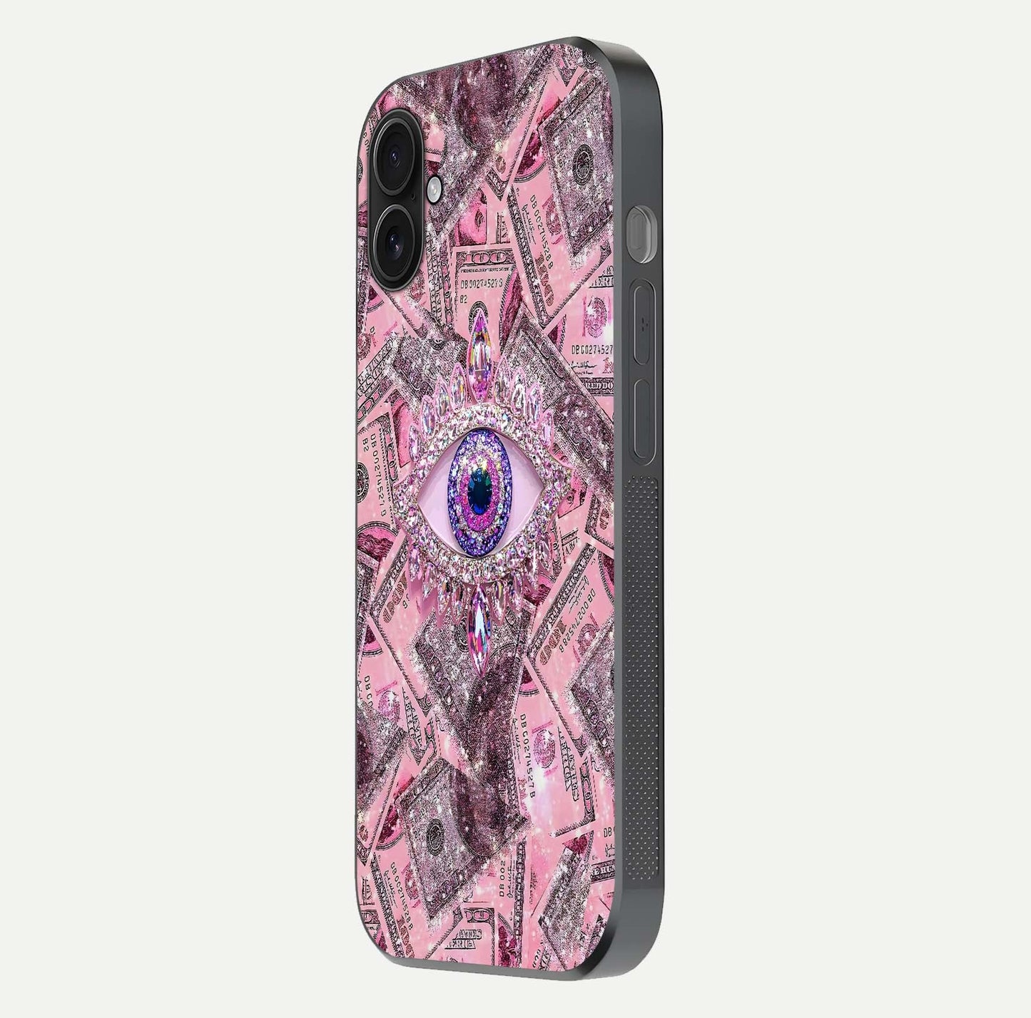 Money Eye Luxe Glass Case for iPhone 16 Plus side-angle image showing HD reflection and luxury print clarity