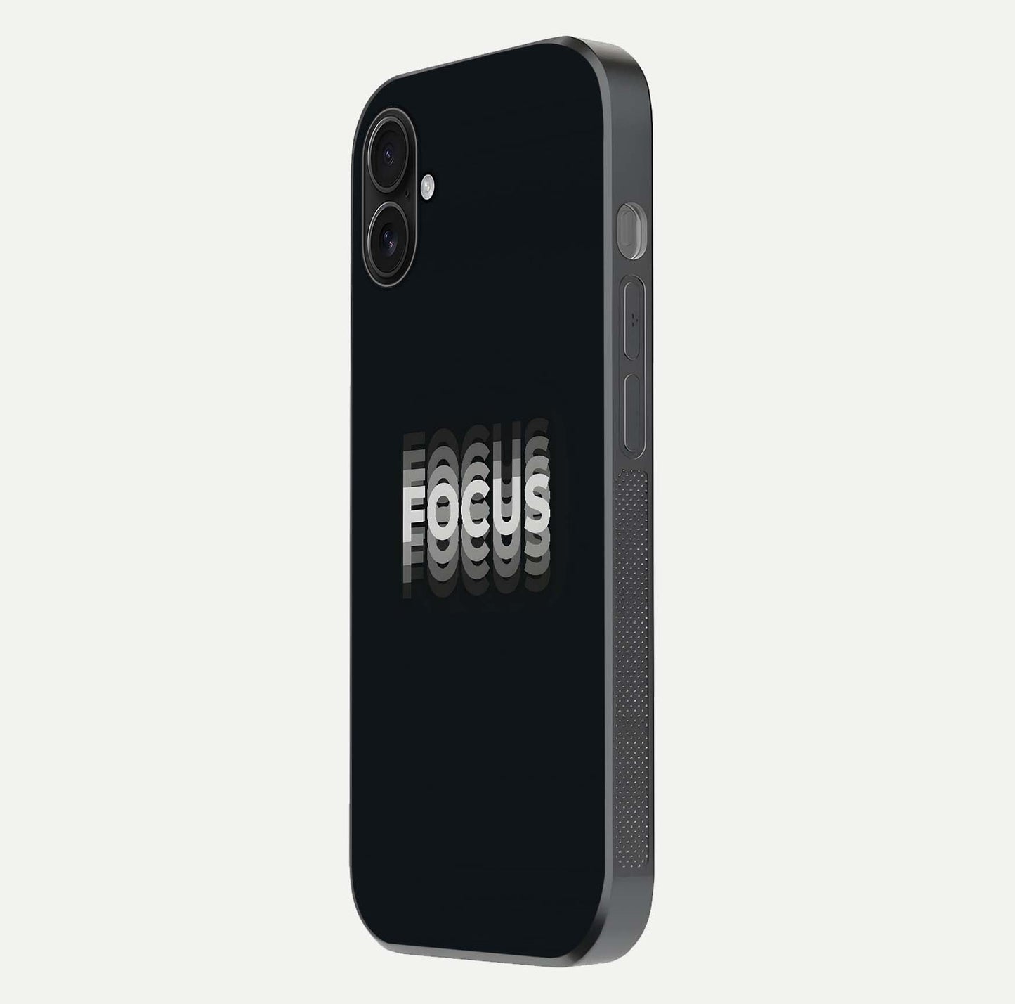 Mono Focus Vision Glass Case for iPhone 16 Plus side-angle image showing smooth reflection and minimal tones