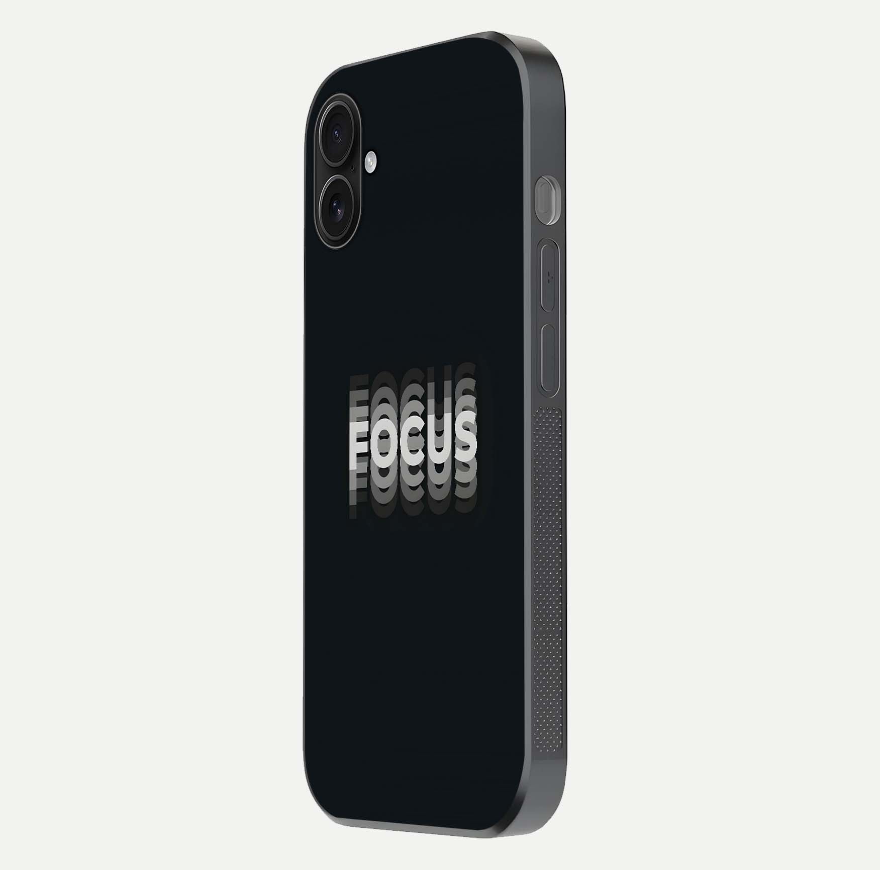 Mono Focus Vision Glass Case for iPhone 16 Plus side-angle image showing smooth reflection and minimal tones