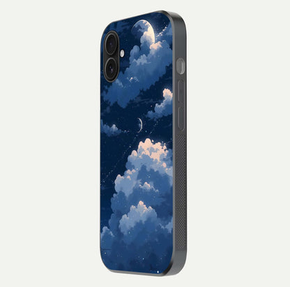Moon Dream Haze Glass Case for iPhone 16 Plus side-angle image showing HD reflection and moonlight detailing
