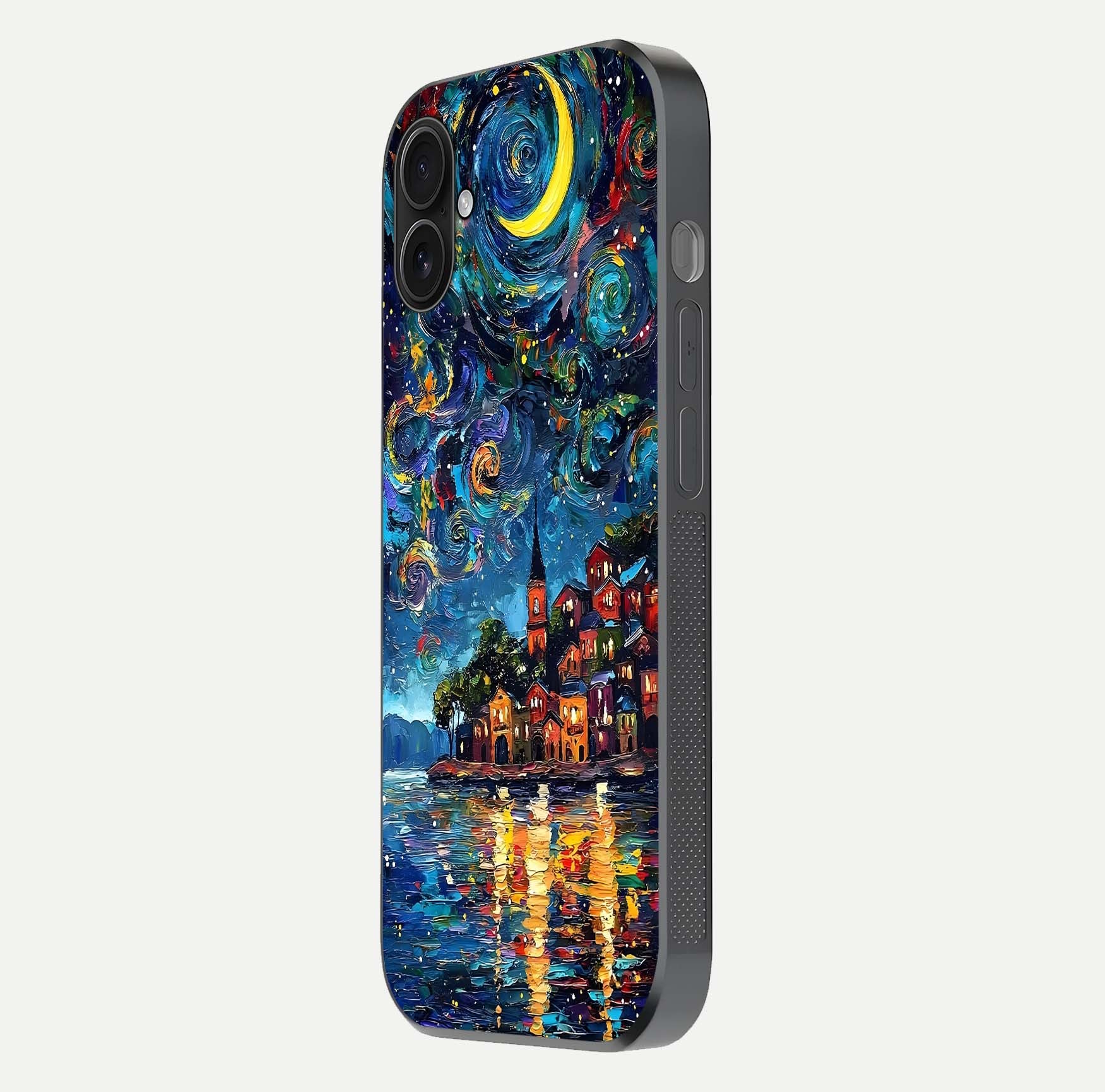 Moonlight Harbor Glow Glass Case for iPhone 16 Plus side-angle image showing reflective surface and ocean tones