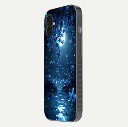 Moonlight Petal Dream Glass Case for iPhone 16 Plus side-angle image showing reflection and petal detail