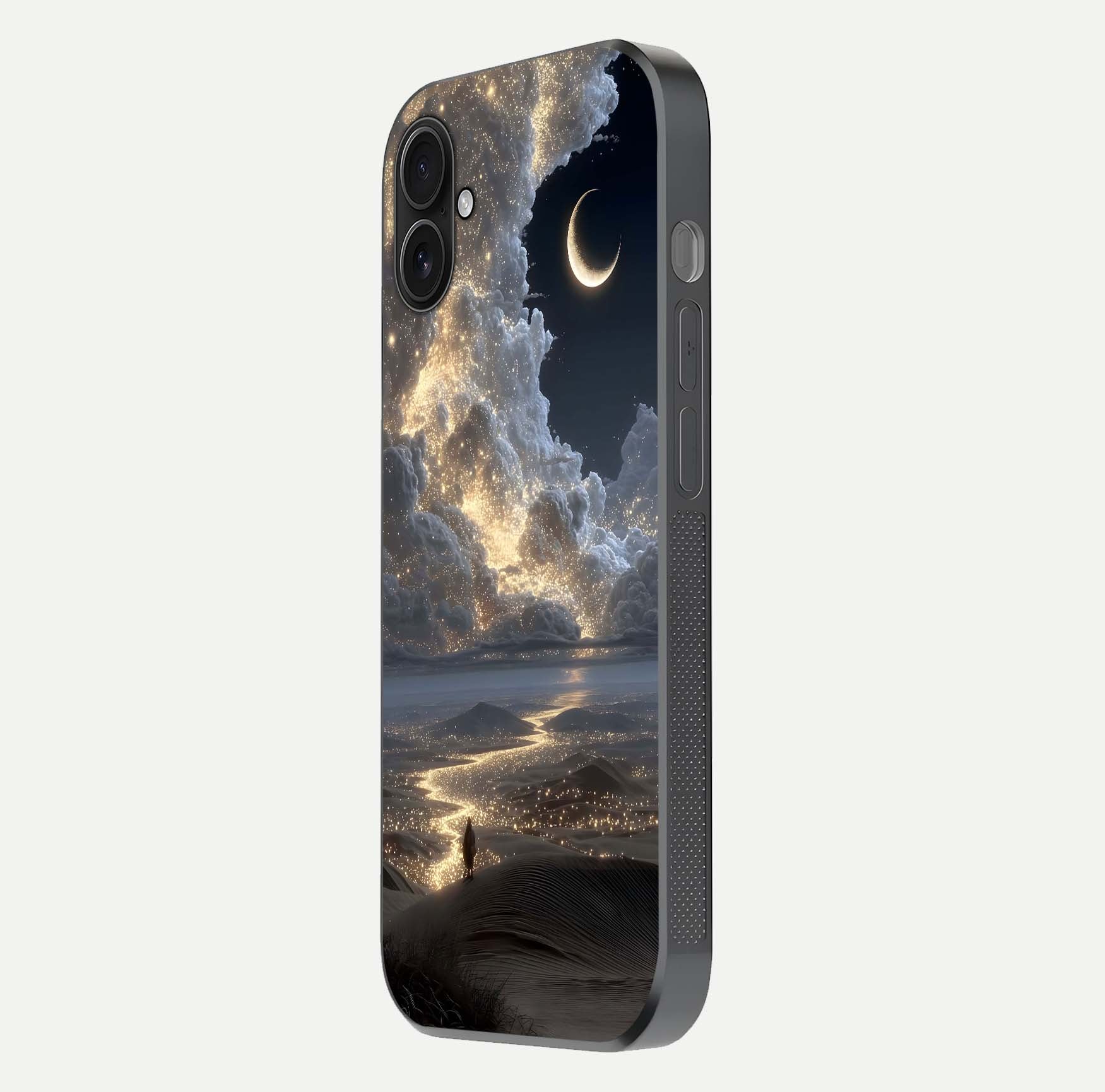 Moonlight Spark Path Glass Case for iPhone 16 Plus side-angle image showing reflection and moonlit detail