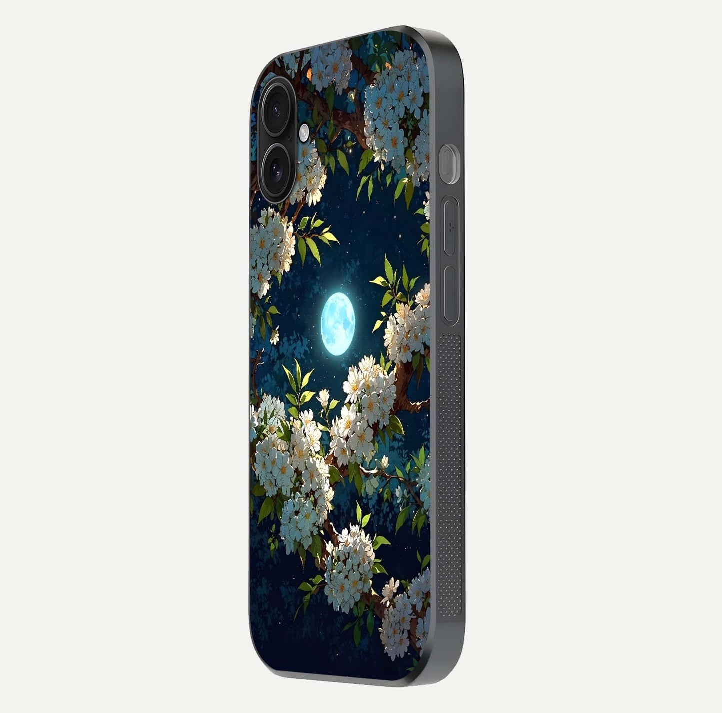 Moonlit Blossom Dream Glass Case for iPhone 16 Plus side-angle image showing shine depth and flower glow