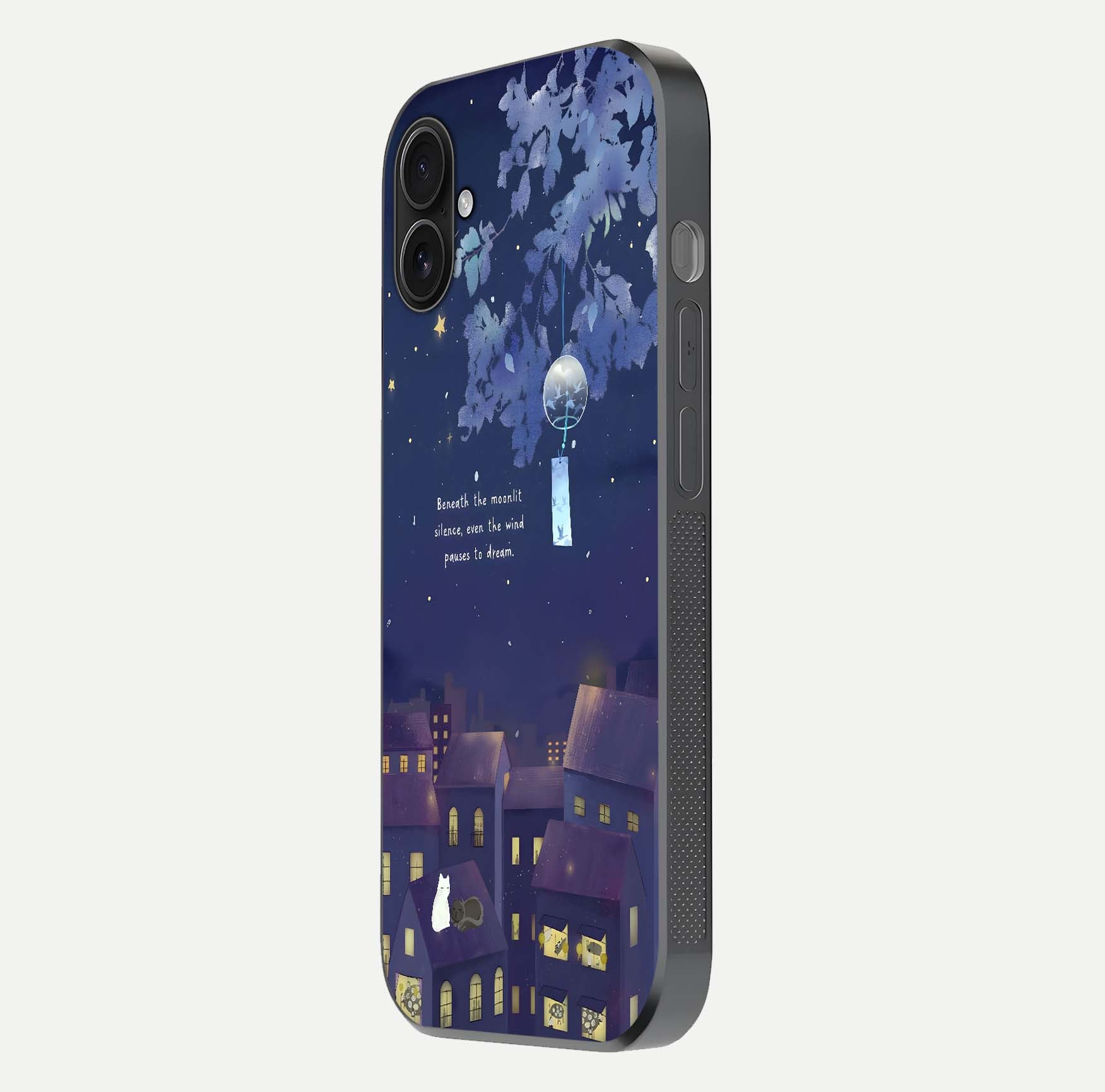Moonlit Cat Silence Glass Case for iPhone 16 Plus side-angle image showing HD gloss and feline artwork detail