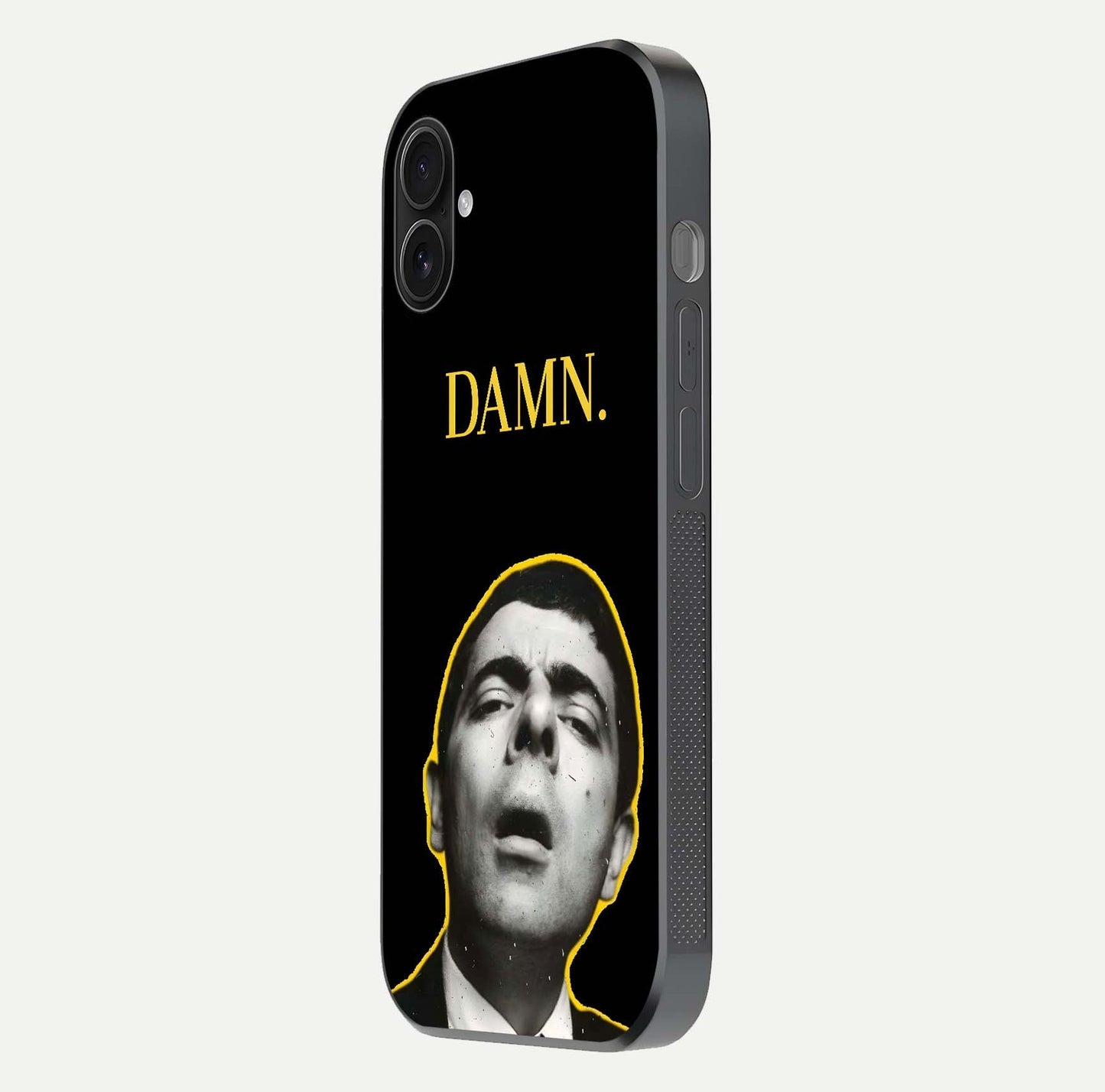 Mr Bean Damn Glass Case for iPhone 16 Plus side-angle image emphasizing HD print clarity and playful theme