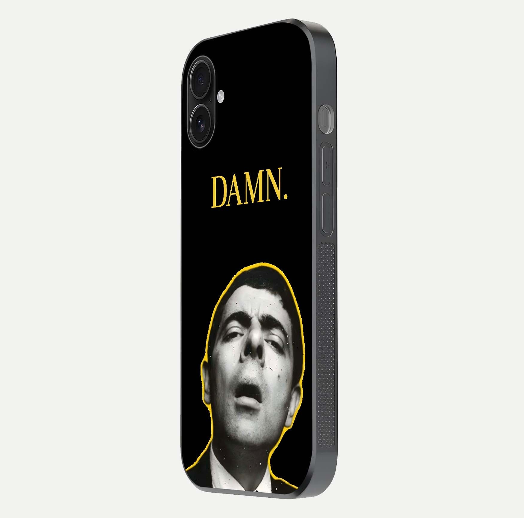 Mr Bean Damn Glass Case for iPhone 16 Plus side-angle image emphasizing HD print clarity and playful theme