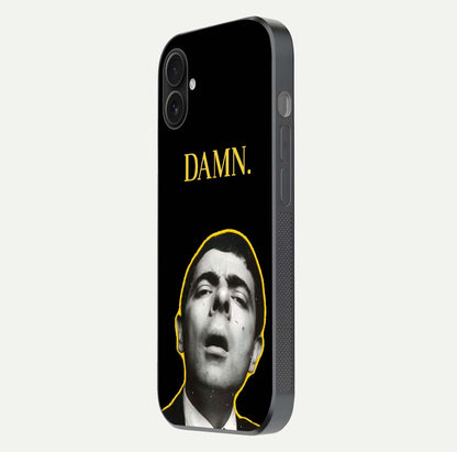 Mr Bean Damn Glass Case for iPhone 16 Plus side-angle image emphasizing HD print clarity and playful theme