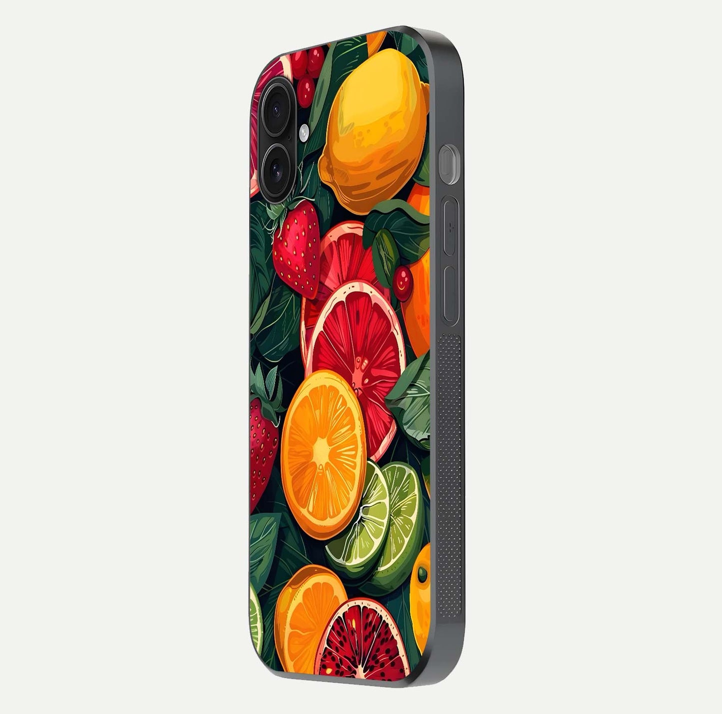 Multiple Fruits Glass Case for iPhone 16 Plus side-angle image showing glossy surface and vivid fruit pattern