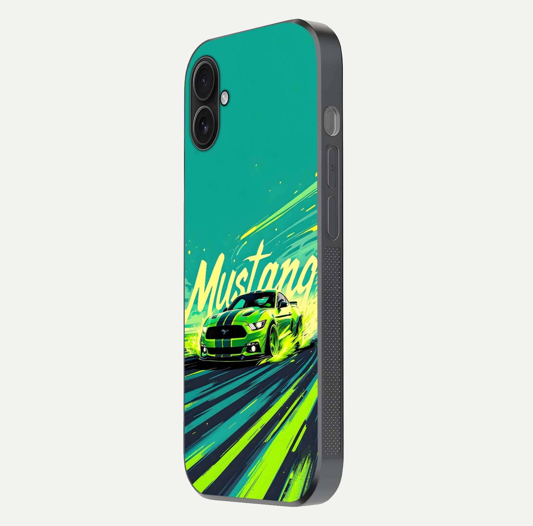 Mustang Bang Glass Case for iPhone 16 Plus side-angle image showing reflection clarity and bold car artwork