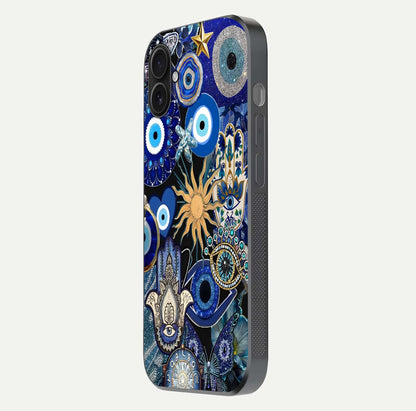 Mystic Blue Evil Eye Glass Case for iPhone 16 Plus side-angle image showing smooth gloss and charm design