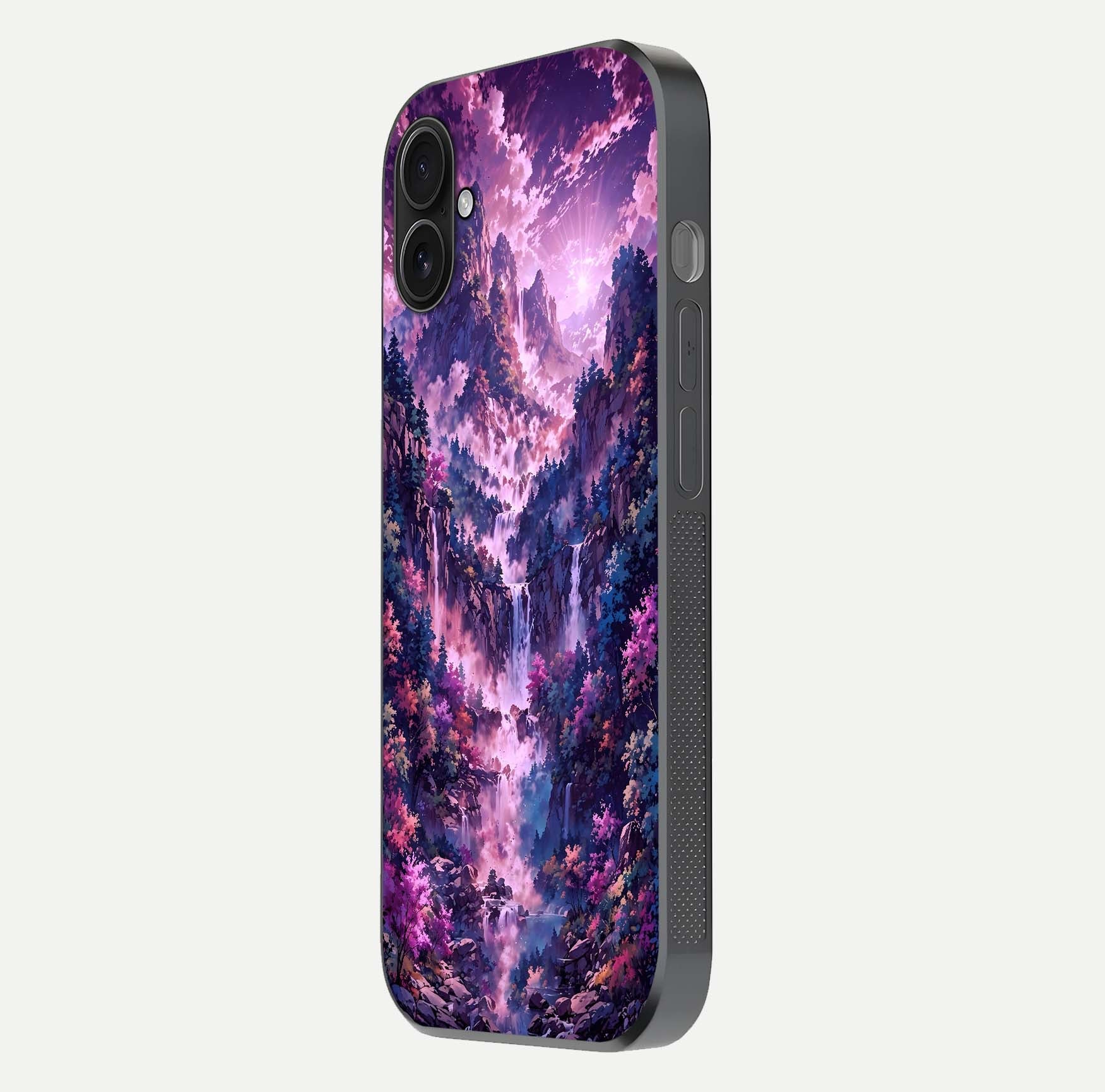 Mystic Cascade Peaks Glass Case for iPhone 16 Plus side-angle image showing reflection and scenic art clarity