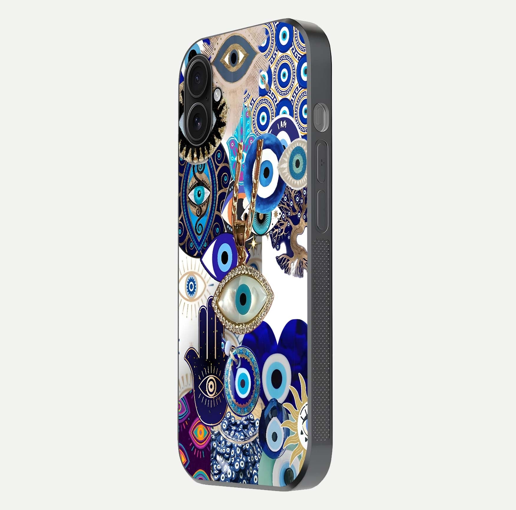 Mystic Charm Eye Glass Case for iPhone 16 Plus side-angle image showing HD reflection and sacred tone