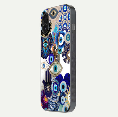 Mystic Charm Eye Glass Case for iPhone 16 Plus side-angle image showing HD reflection and sacred tone