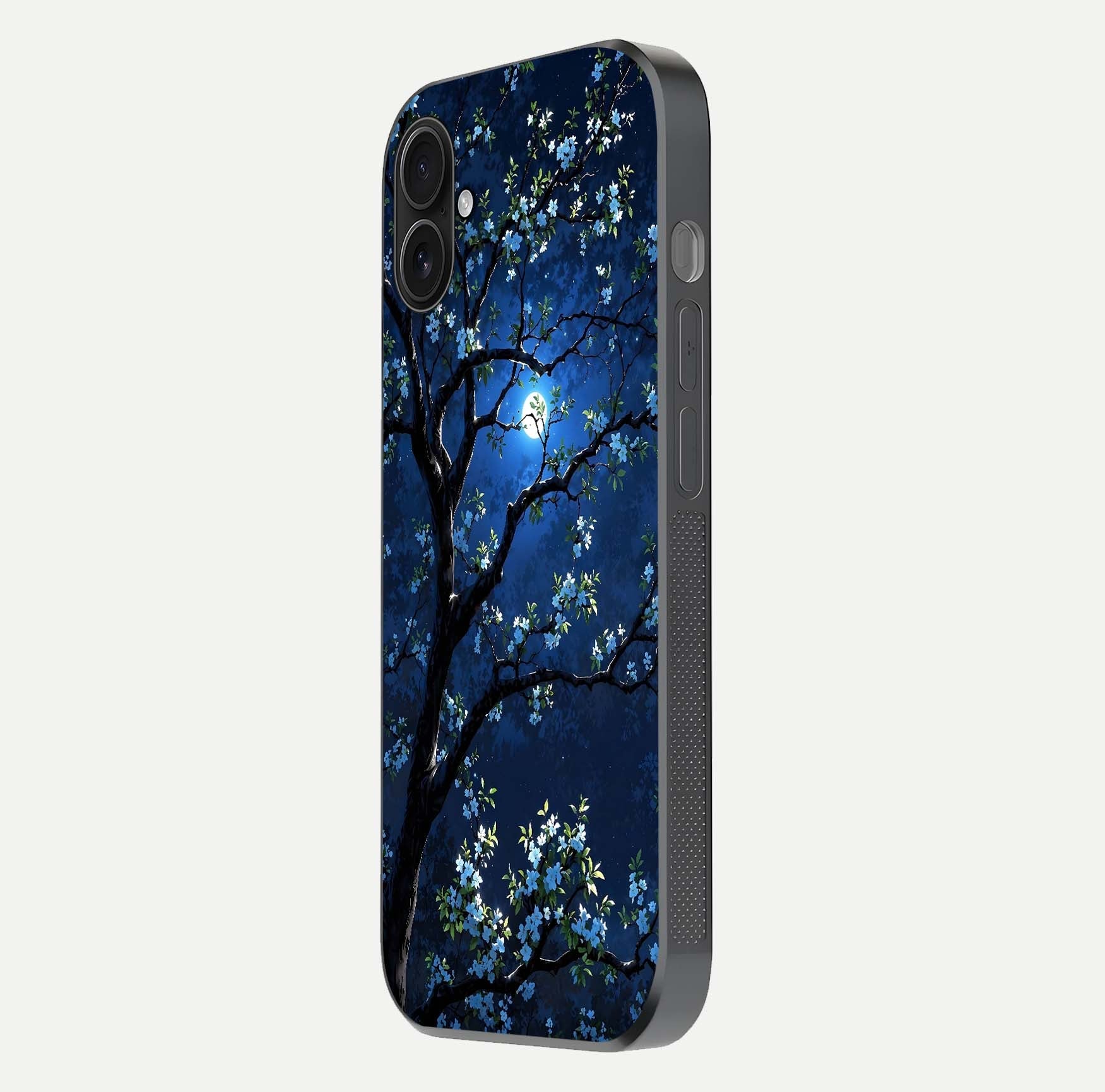 Mystic Floral Night Glass Case for iPhone 16 Plus side-angle image showing gloss surface and midnight floral tones