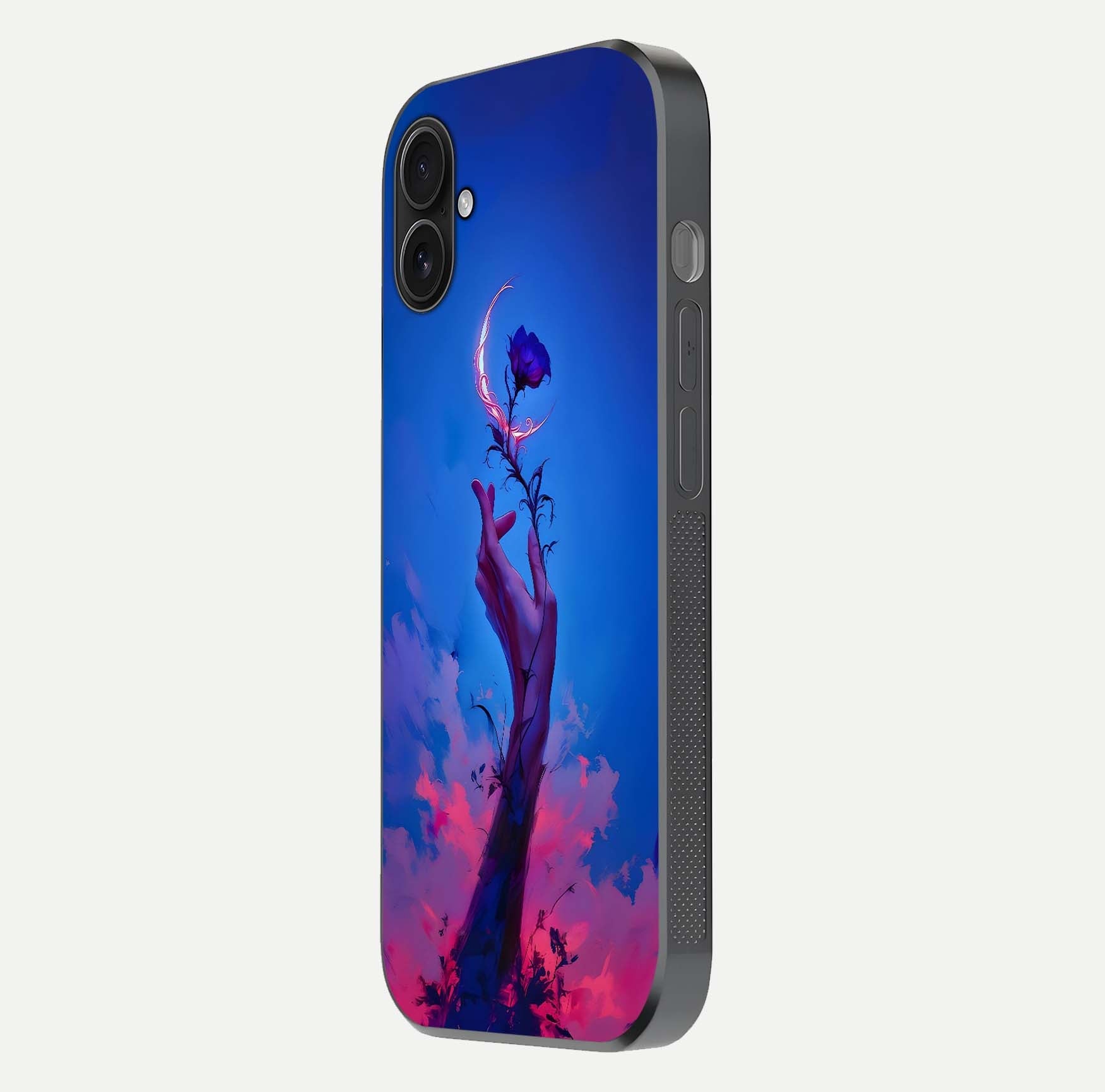 Mystic Hand Glass Case for iPhone 16 Plus side-angle image showing reflection depth and sacred aesthetic