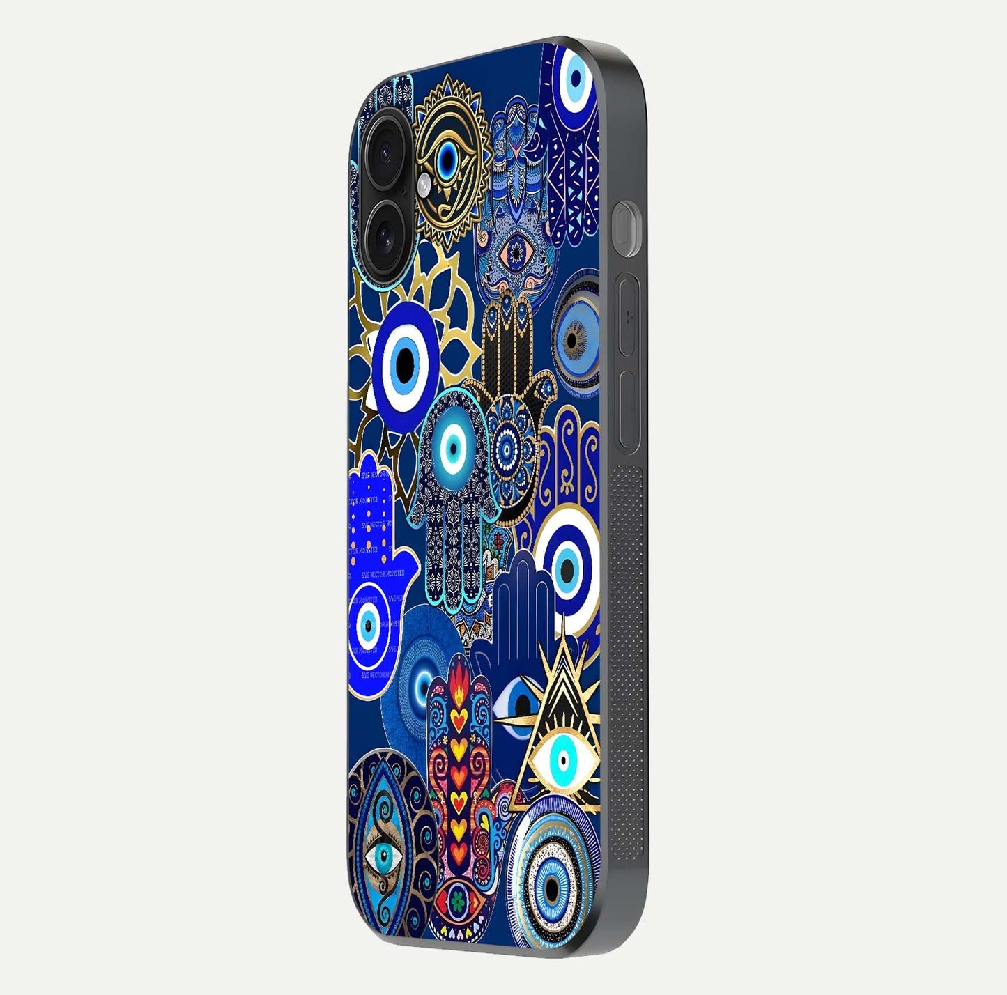 Mystic Palm Guard Glass Case for iPhone 16 Plus side-angle image showing shine depth and sacred motif