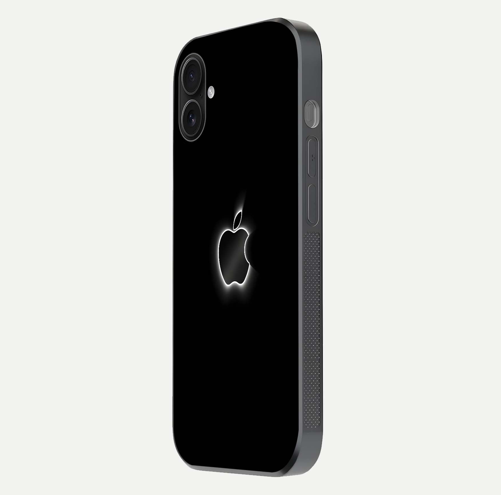 Neon Apple Glow Glass Case for iPhone 16 Plus side-angle image showing light reflection and glow effect