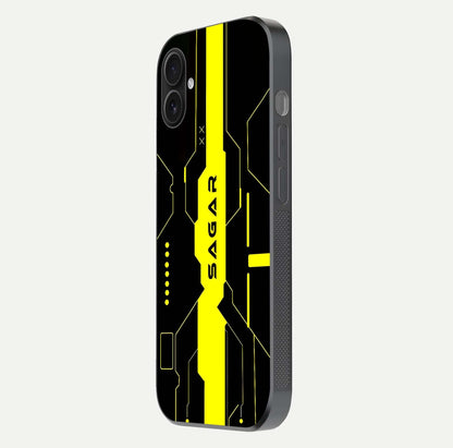 Neon CYBERPUNK Custom Name Glass Case for iPhone 16 Plus side-angle image showing glow depth and bold print