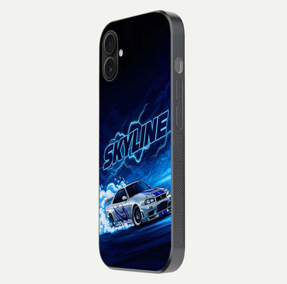 Neon Drift Beast Glass Case for iPhone 16 Plus side-angle image showing reflection depth and bold neon tones