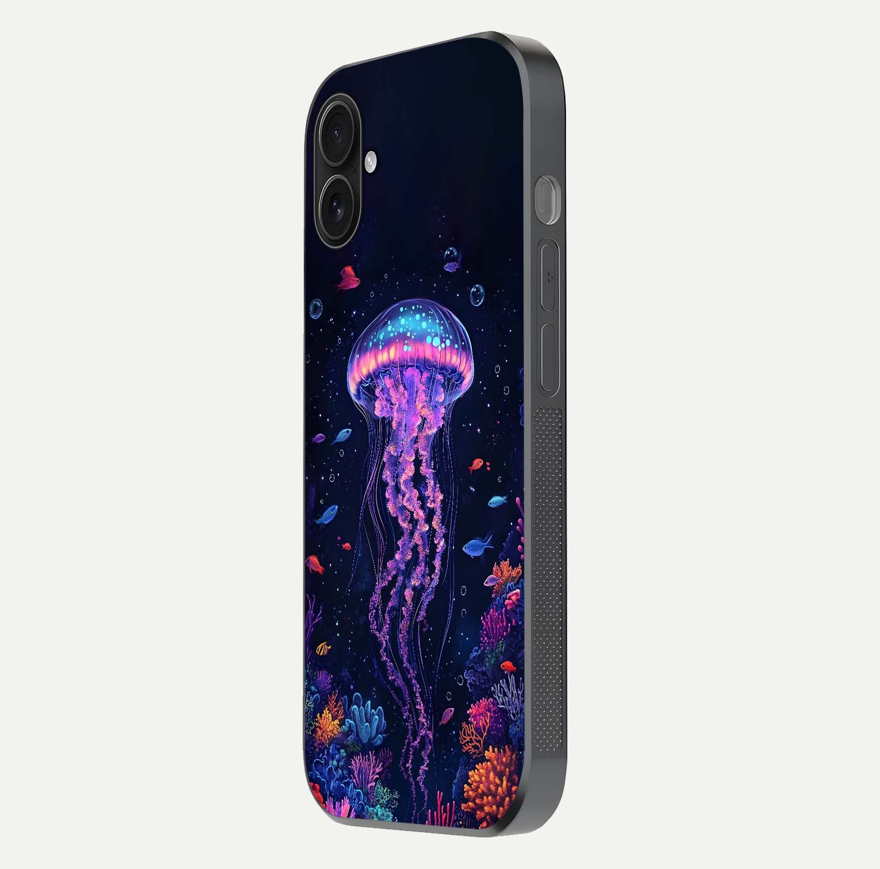 Neon Jellyfish Glass Case for iPhone 16 Plus side-angle image showing reflection and oceanic light detailing