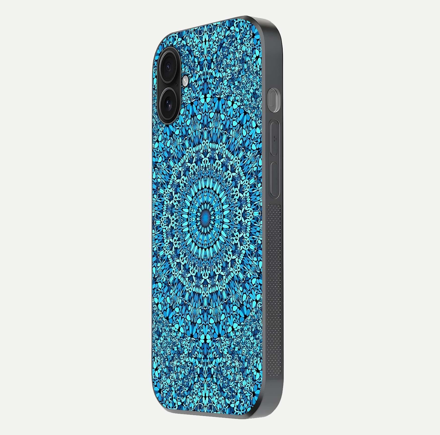 Ocean Bloom Mandala Glass Case for iPhone 16 Plus side-angle image showing reflection and detailed floral pattern