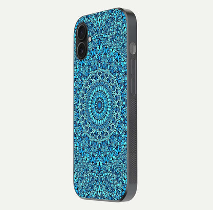 Ocean Bloom Mandala Glass Case for iPhone 16 Plus side-angle image showing reflection and detailed floral pattern
