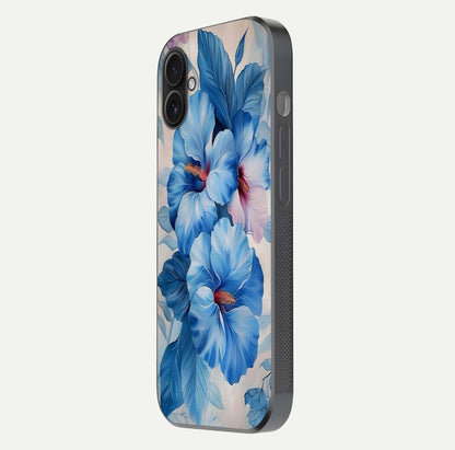 Ocean Hibiscus Grace Glass Case for iPhone 16 Plus side-angle image showing smooth texture and hibiscus details