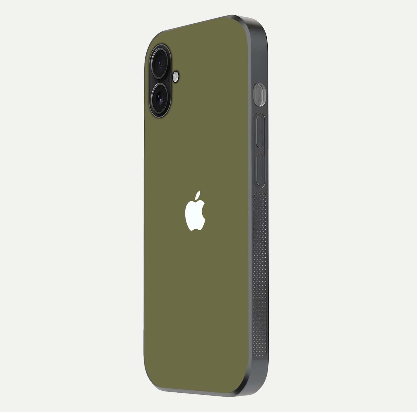 Olive Matte Essence Glass Case for iPhone 16 Plus side-angle image showing soft hue and elegant smooth surface