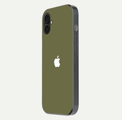 Olive Matte Essence Glass Case for iPhone 16 Plus side-angle image showing soft hue and elegant smooth surface