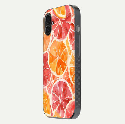 Orange Fruits Pattern Glass Case for iPhone 16 Plus side-angle image showing glossy shine and citrus pattern