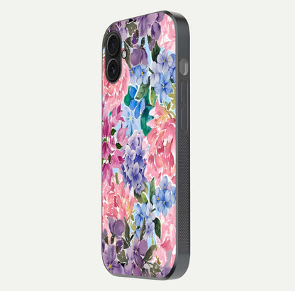 Pastel Floral Mix Glass Case for iPhone 16 Plus side-angle image showing reflection and delicate pastel hues