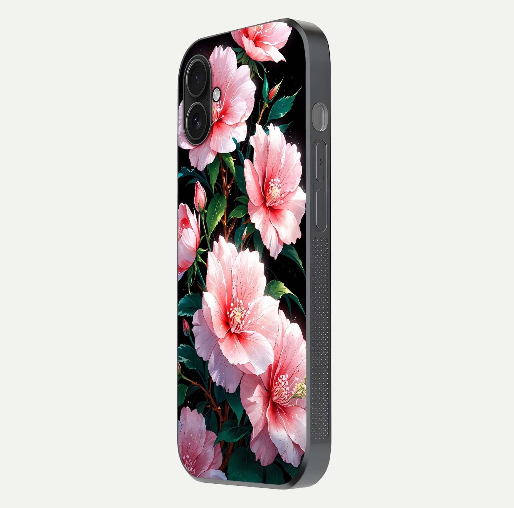 Peach Flower Glass Case for iPhone 16 Plus side-angle image showing gloss depth and peach blossom detail