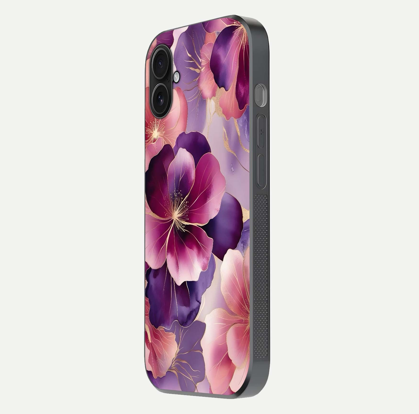 Pink Bouquet Florals Glass Case for iPhone 16 Plus side-angle image showing floral texture and reflection clarity