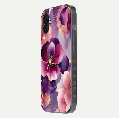 Pink Bouquet Florals Glass Case for iPhone 16 Plus side-angle image showing floral texture and reflection clarity