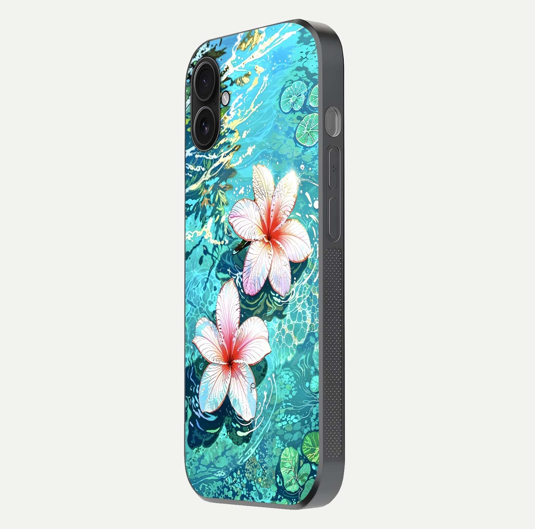 Pink Flowers in Water Glass Case for iPhone 16 Plus side-angle image showing reflection and depth of detail