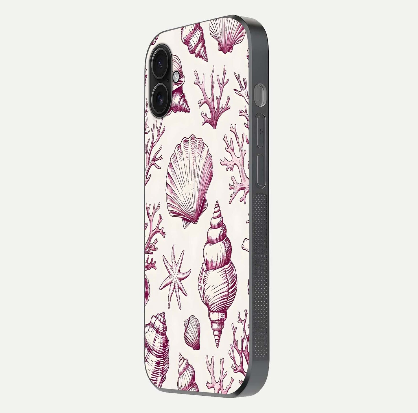 Pink Shells Outline Glass Case for iPhone 16 Plus side-angle image showing shine and intricate outline texture