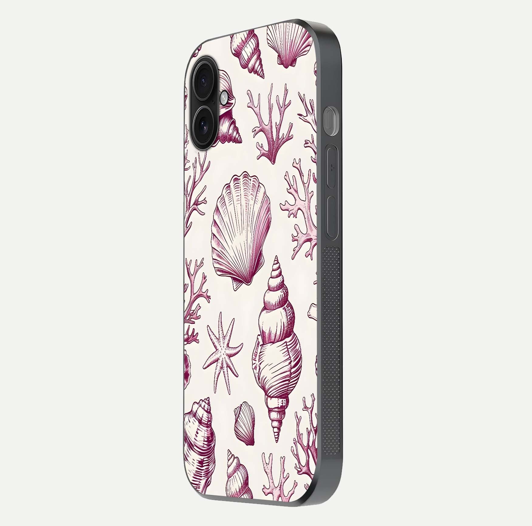 Pink Shells Outline Glass Case for iPhone 16 Plus side-angle image showing shine and intricate outline texture