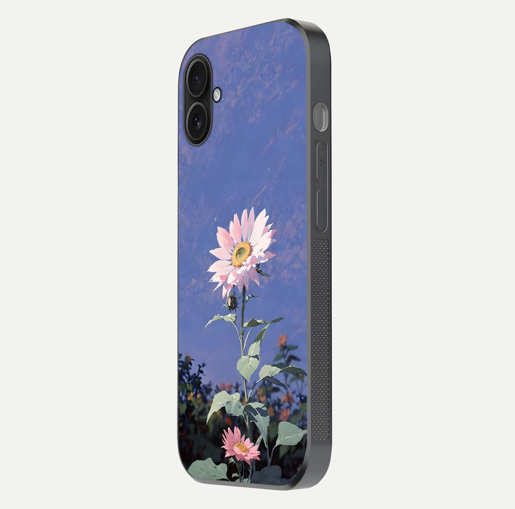 Pink Sunflower Glow Glass Case for iPhone 16 Plus side-angle image showing glossy edges and vivid sunflower tones