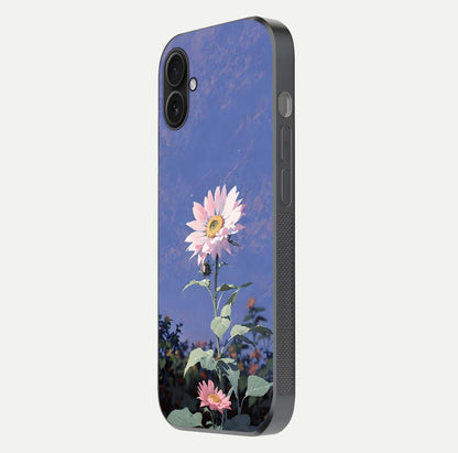 Pink Sunflower Glow Glass Case for iPhone 16 Plus side-angle image showing glossy edges and vivid sunflower tones