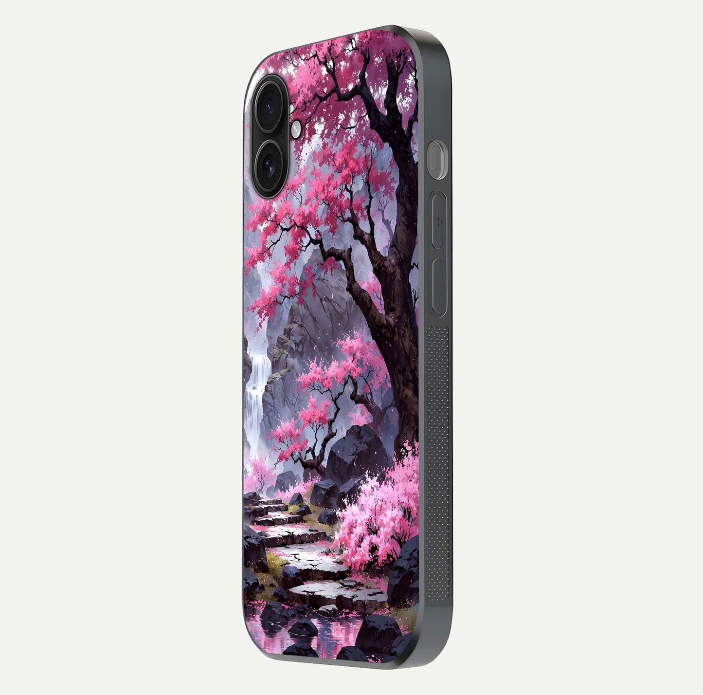 Pinkish Scenery Glass Case for iPhone 16 Plus side-angle image showing depth, gloss, and scenic details
