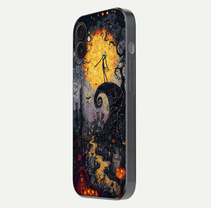 Pumpkin Moon Night Glass Case for iPhone 16 Plus side-angle image showing reflection depth and pumpkin pattern