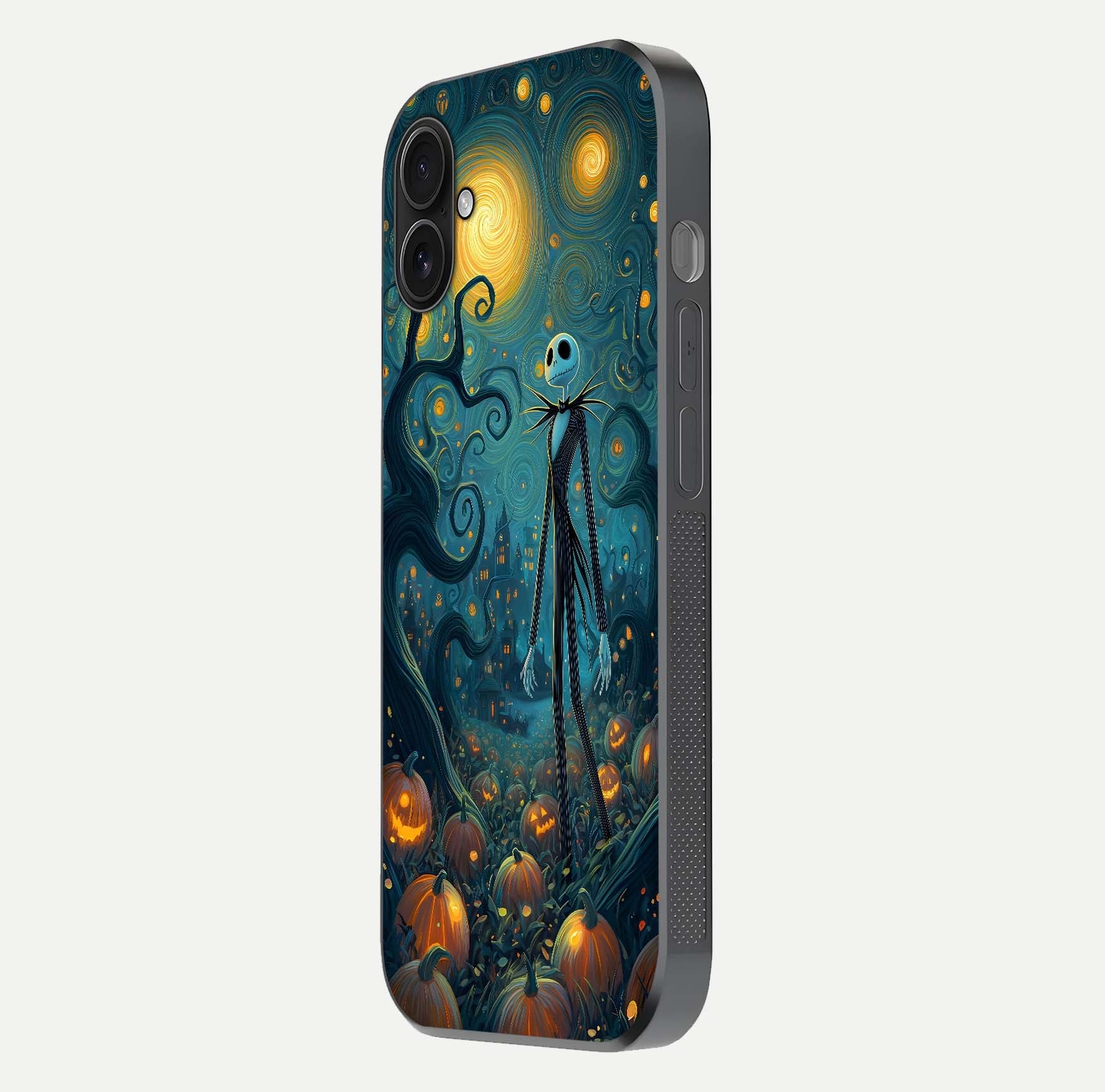 Pumpkin Moonlight Tale Glass Case for iPhone 16 Plus side-angle image showing glow texture and Halloween vibe