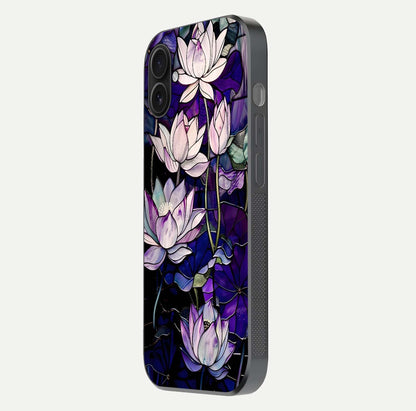 Purple Lotus Pattern Glass Case for iPhone 16 Plus side-angle image showing reflection depth and lotus detail